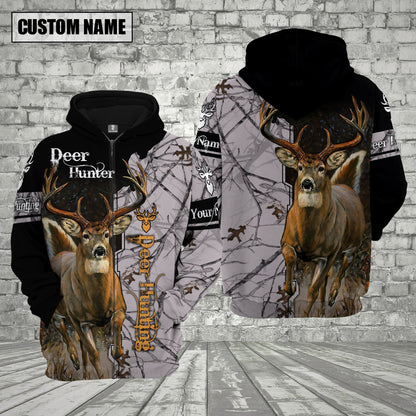 Deer Hunting Premium White Pattern Personalized Name 3D Shirt