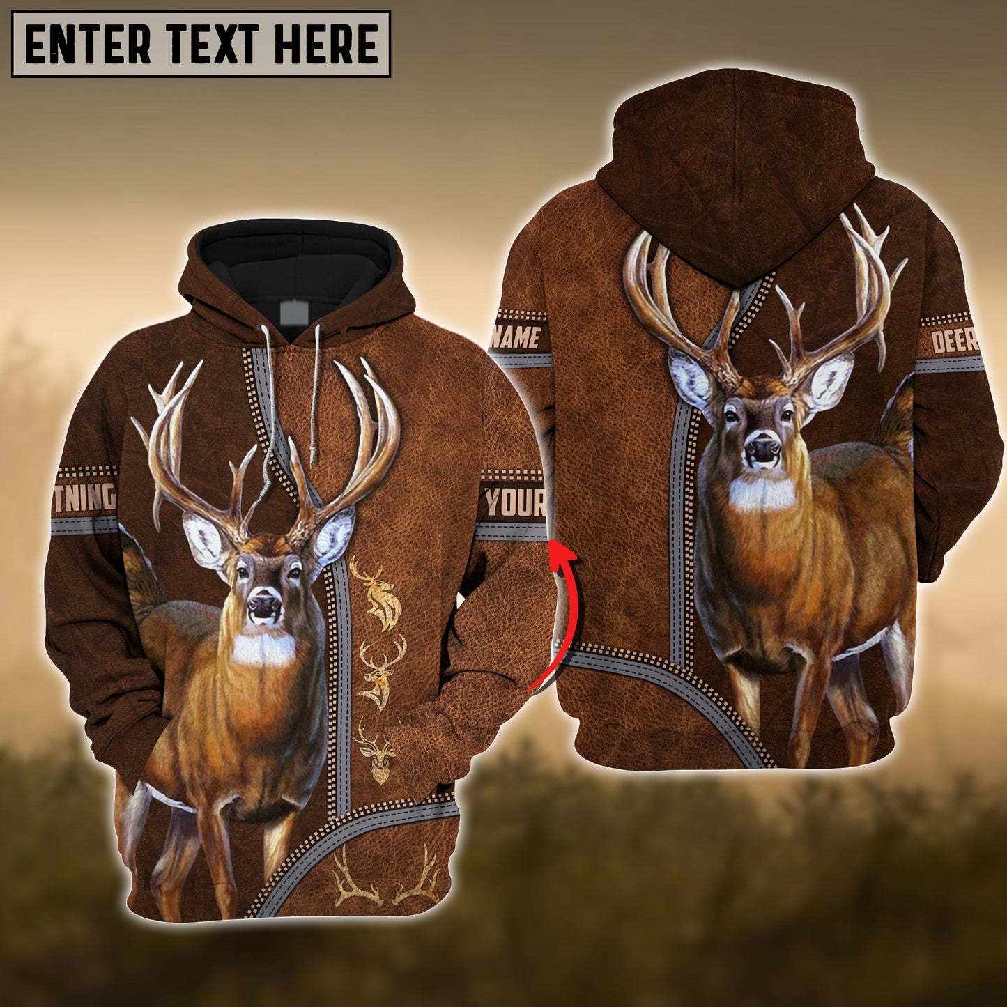 Deer Premium Zipper Leather Pattern Personalized 3D Hoodie