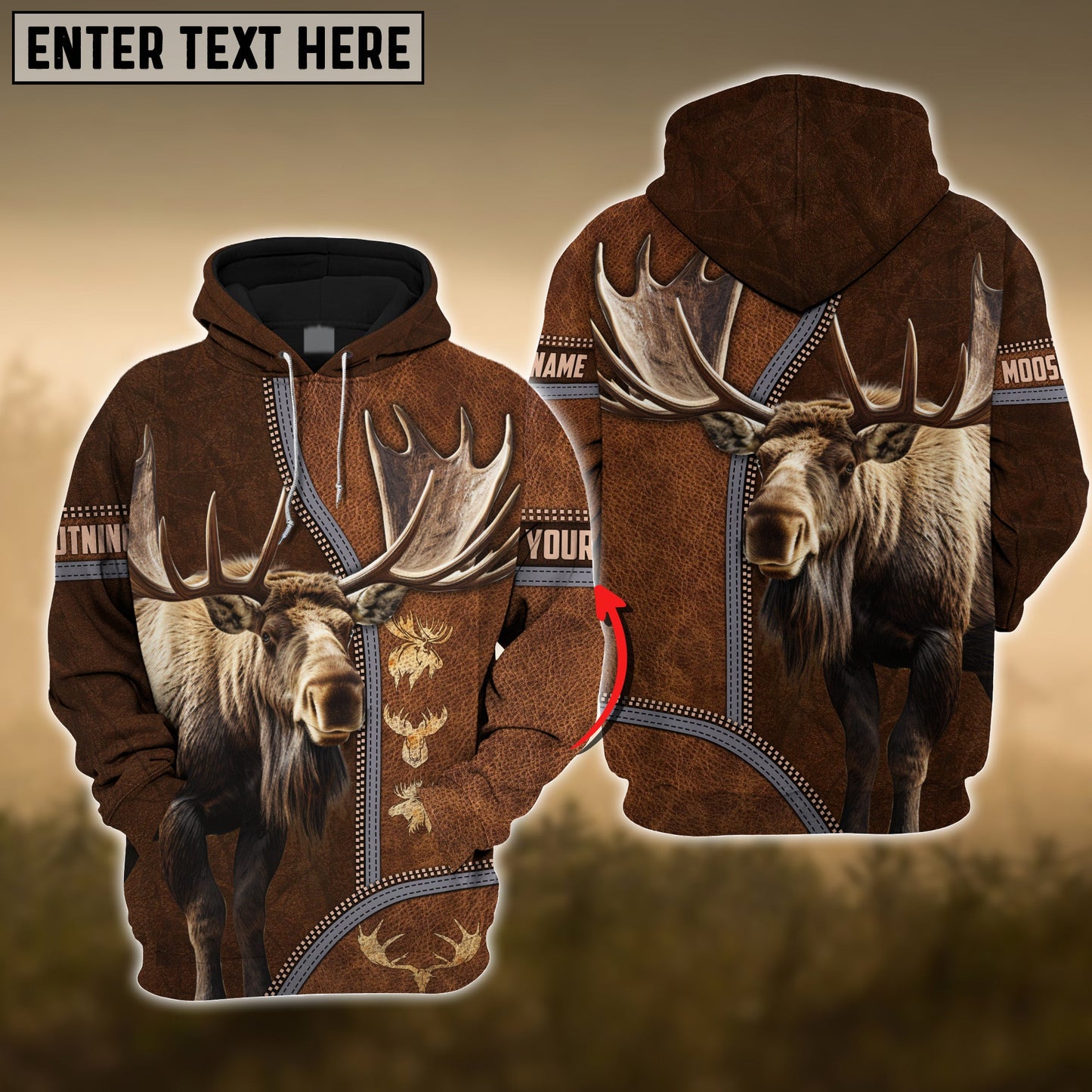 Moose Premium Zipper Leather Pattern Personalized 3D Hoodie