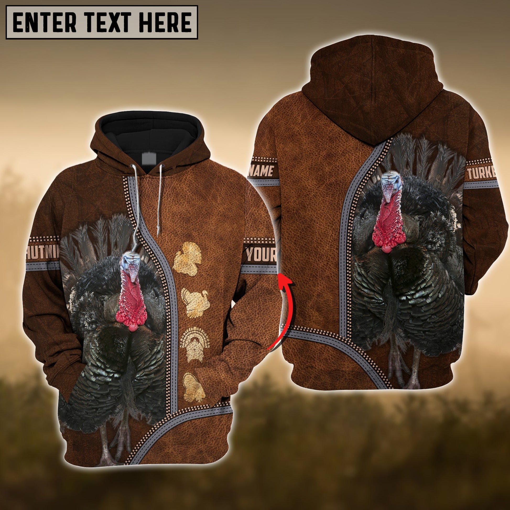 turkey Premium Zipper Leather Pattern Personalized 3D Hoodie