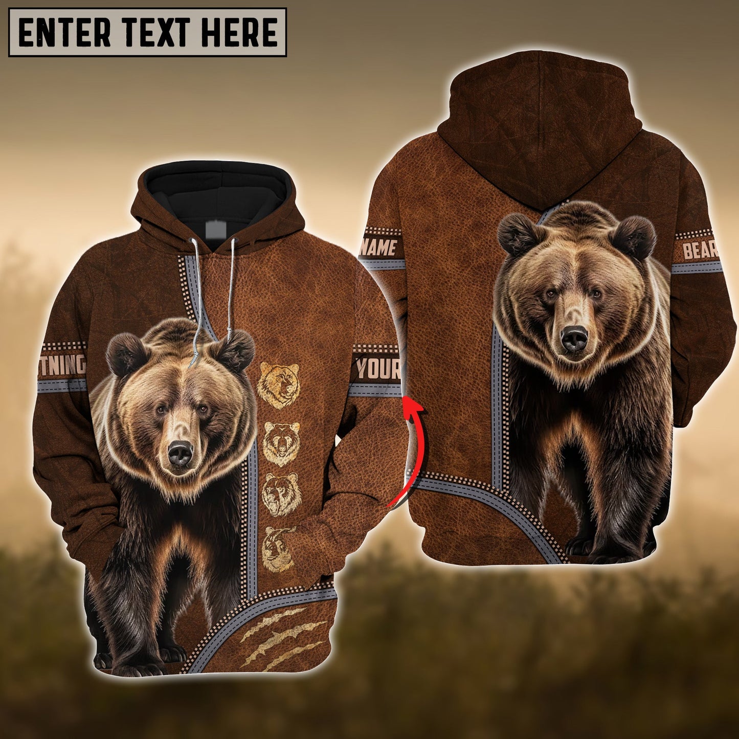 Bear Premium Zipper Leather Pattern Personalized 3D Hoodie