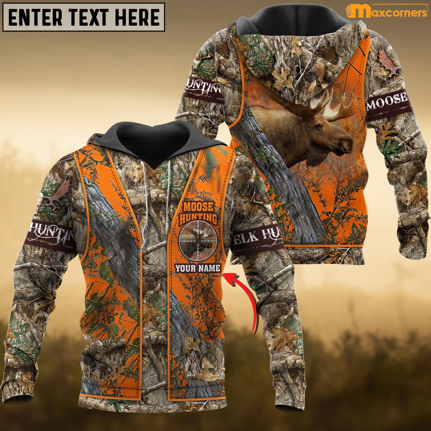 Custom Name Hunting Moose Orange Camo Shirt 3D All Over Printed Clothes