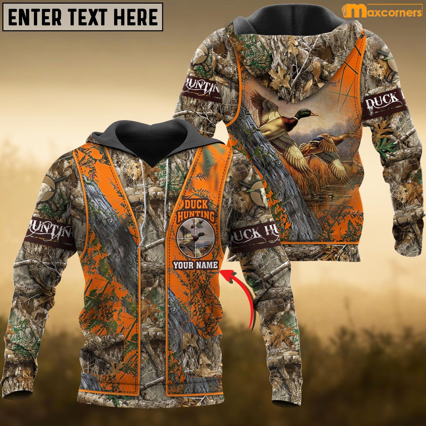 Custom Name Hunting Duck Orange Camo Shirt 3D All Over Printed Clothes