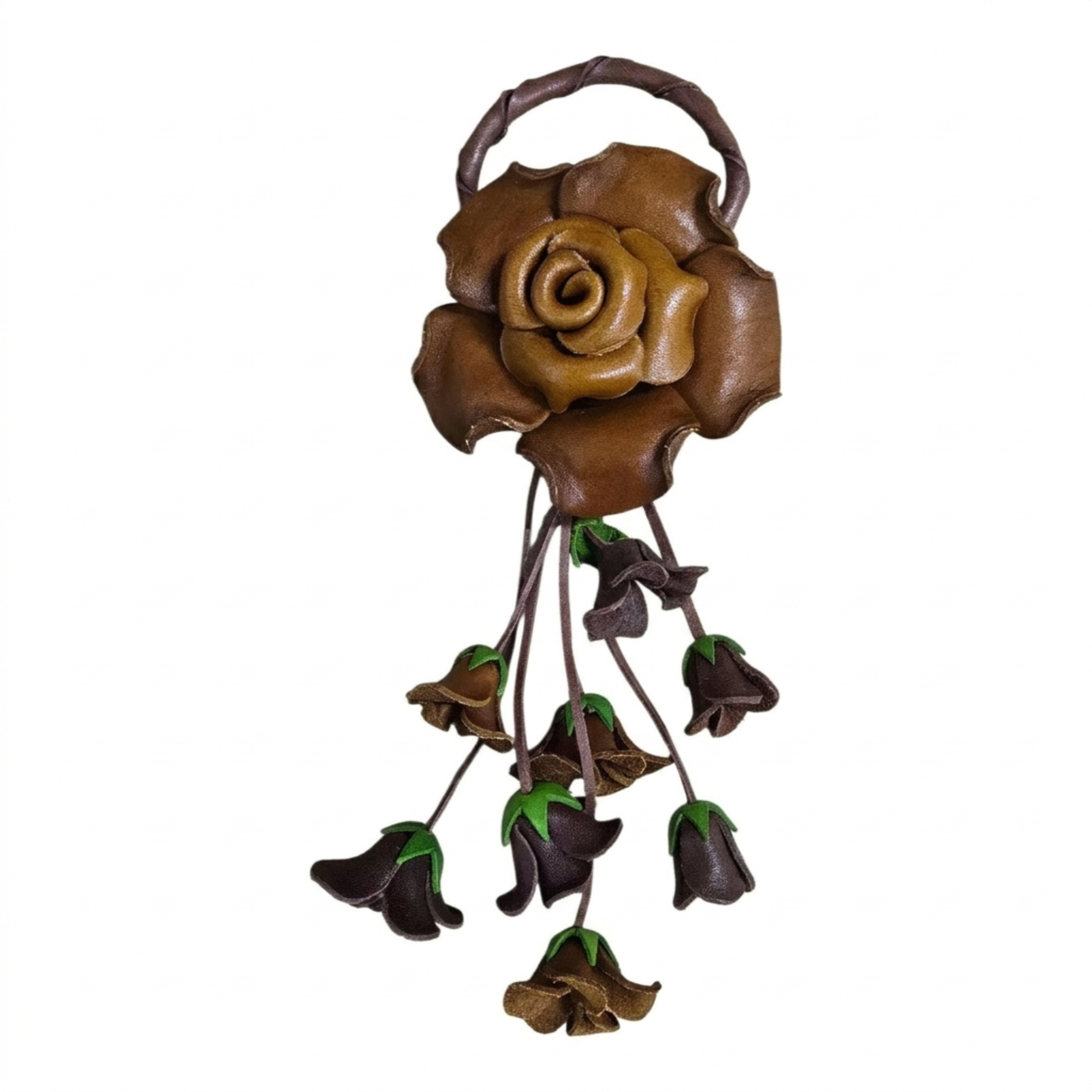 Handmade Brown Leather Rose Keychain - Tooled Cowhide