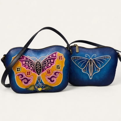 Handmade Leather Butterfly Crossbody Bag - Unique Floral Animal Purse - Tooled Cowhide Shoulder Bag.