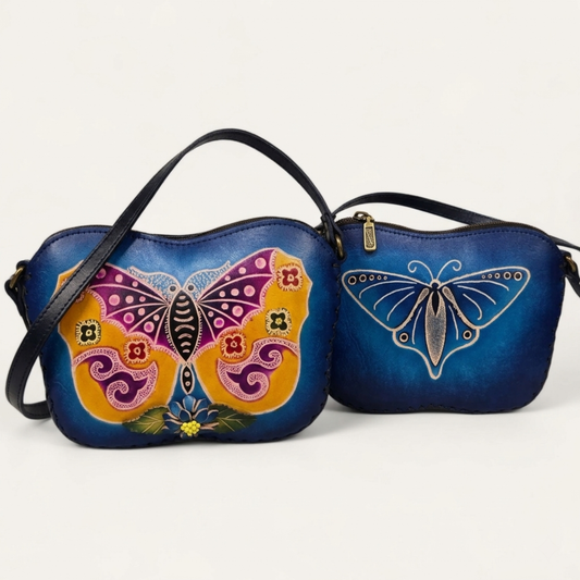 Handmade Leather Butterfly Crossbody Bag - Unique Floral Animal Purse - Tooled Cowhide Shoulder Bag.