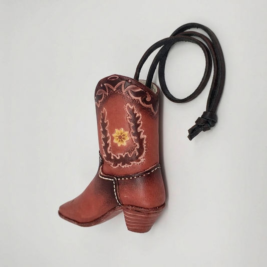 Handmade Leather Cowboy Boot Ornament - Western Home Decor - Tooled Leather Boot Floral Decoration