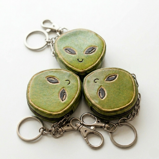 Handmade Green Leather Alien Keychain - Mini Alien Head Coin Purse Pendant