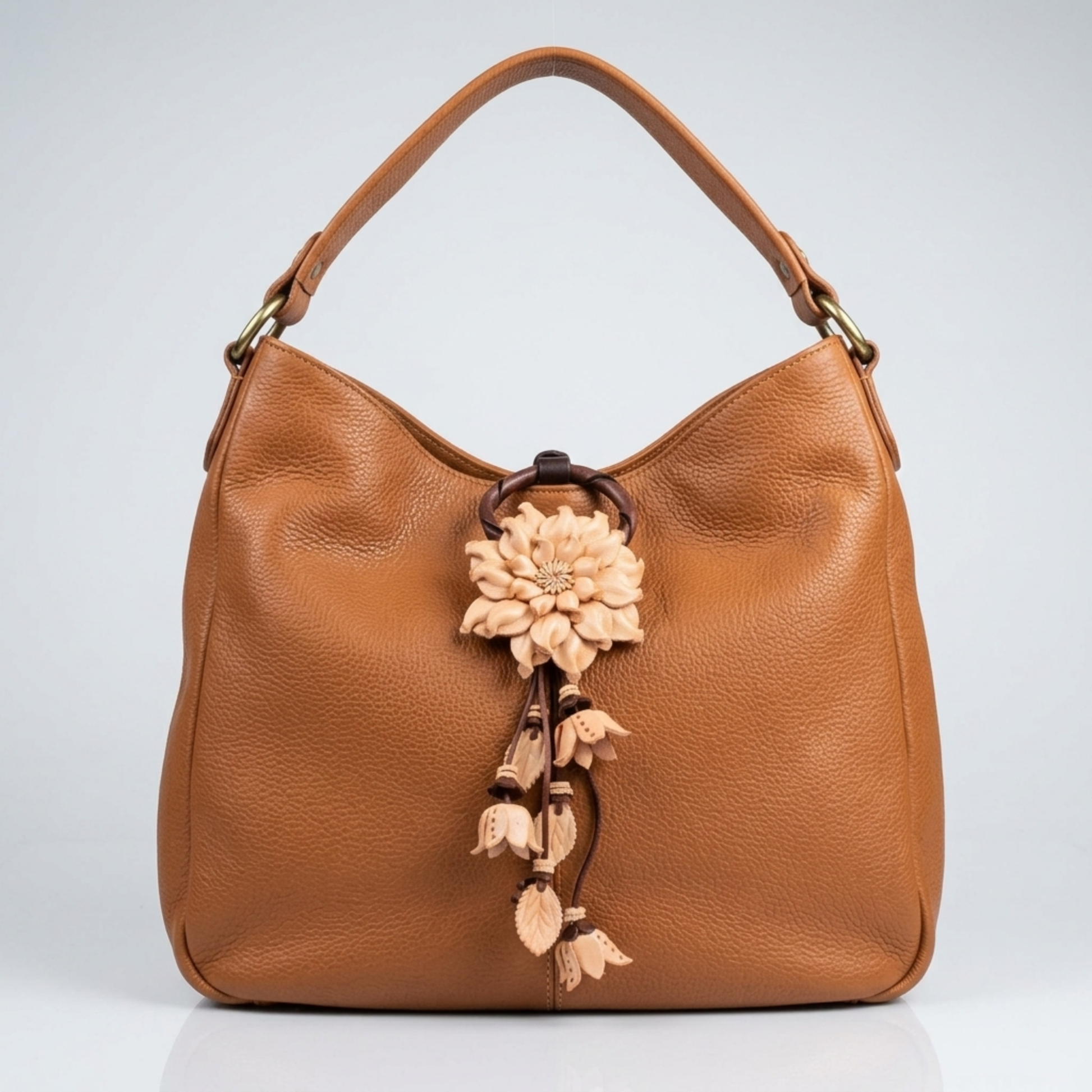 Handmade Leather Daisy Keychain - Beige and Brown Floral Purse Charm - Genuine Cowhide Bag Accessory