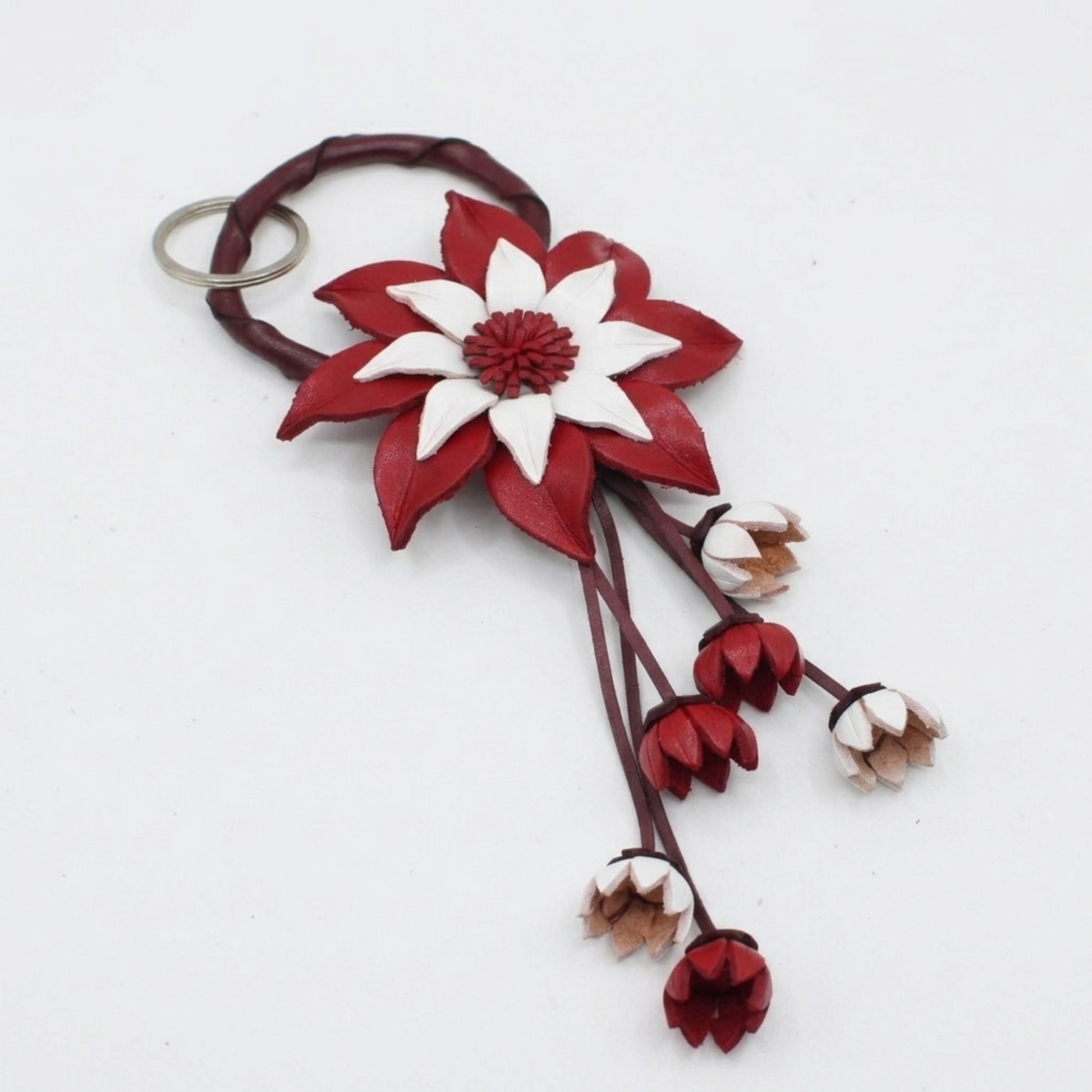 Handmade Leather Daisy Keychain - Red and White Floral Purse Charm - Genuine Cowhide Bag Accessory.