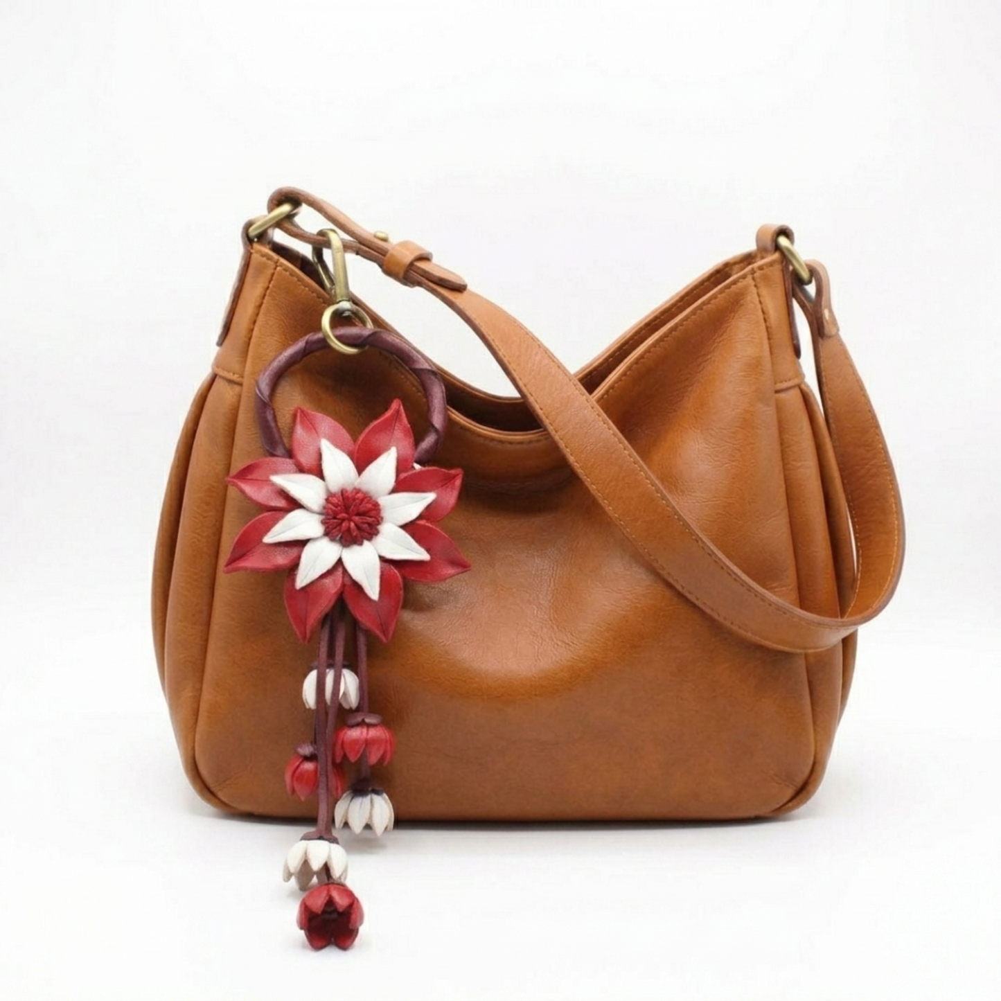 Handmade Leather Daisy Keychain - Red and White Floral Purse Charm - Genuine Cowhide Bag Accessory