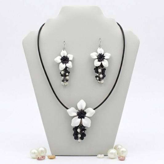 Handmade Leather Flower Necklace and Earring Set - Black and White Floral Jewelry - Genuine Cowhide Accessory.