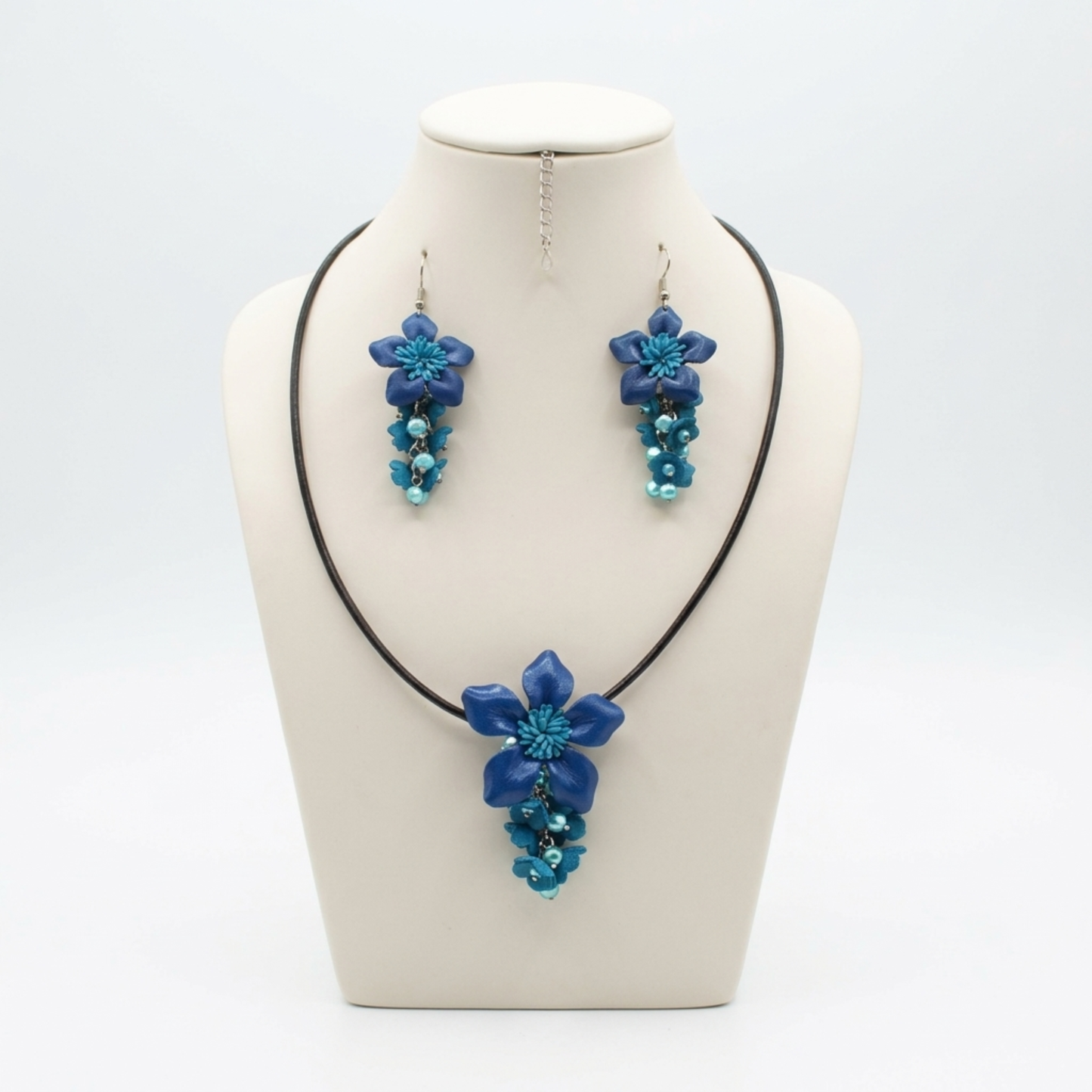 Handmade Leather Flower Necklace and Earring Set - Blue and Light Blue Floral Jewelry - Genuine Cowhide Accessory.