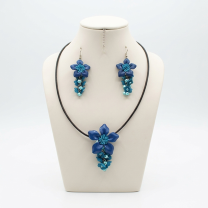Handmade Leather Flower Necklace and Earring Set - Blue and Light Blue Floral Jewelry - Genuine Cowhide Accessory.