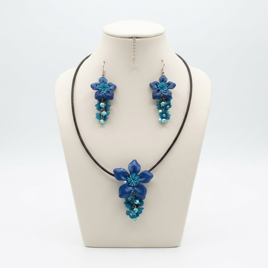 Handmade Leather Flower Necklace and Earring Set - Blue and Light Blue Floral Jewelry - Genuine Cowhide Accessory.