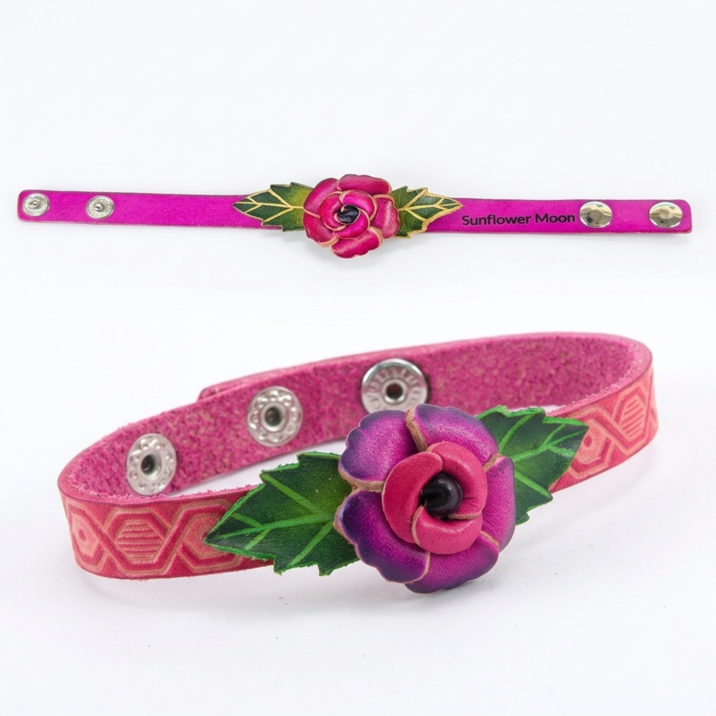 Handmade Leather Rose Bracelet - Genuine Cowhide Floral Wristband - Unique Floral Jewelry Accessory.