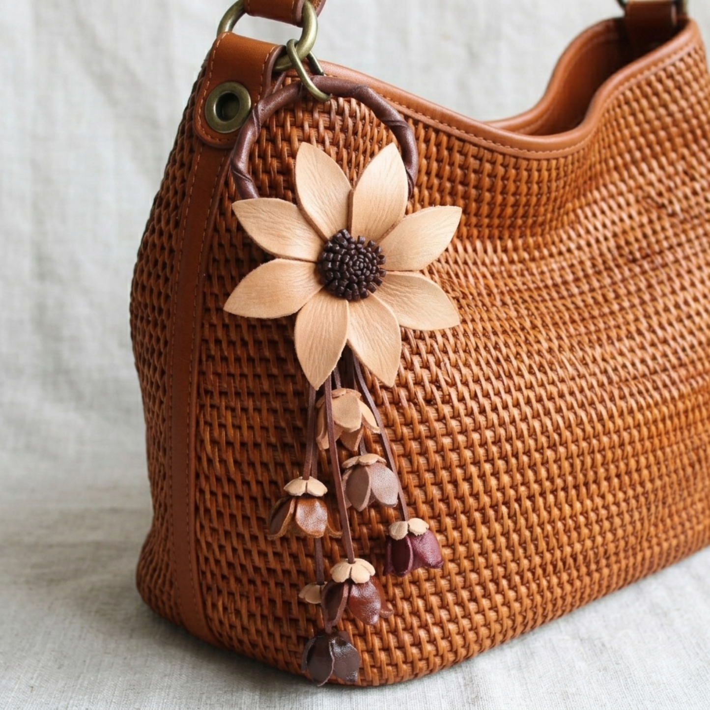 Handmade Leather Sunflower Keychain - Brown and Red Floral Purse Charm - Genuine Cowhide Bag Accessory
