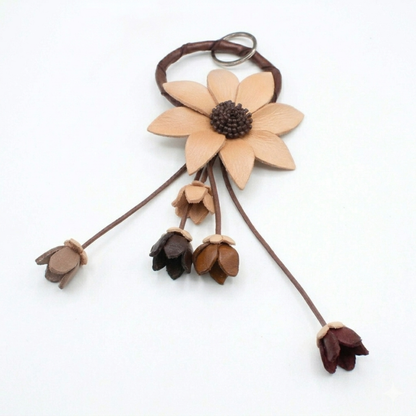 Handmade Leather Sunflower Keychain - Brown and Red Floral Purse Charm - Genuine Cowhide Bag Accessory