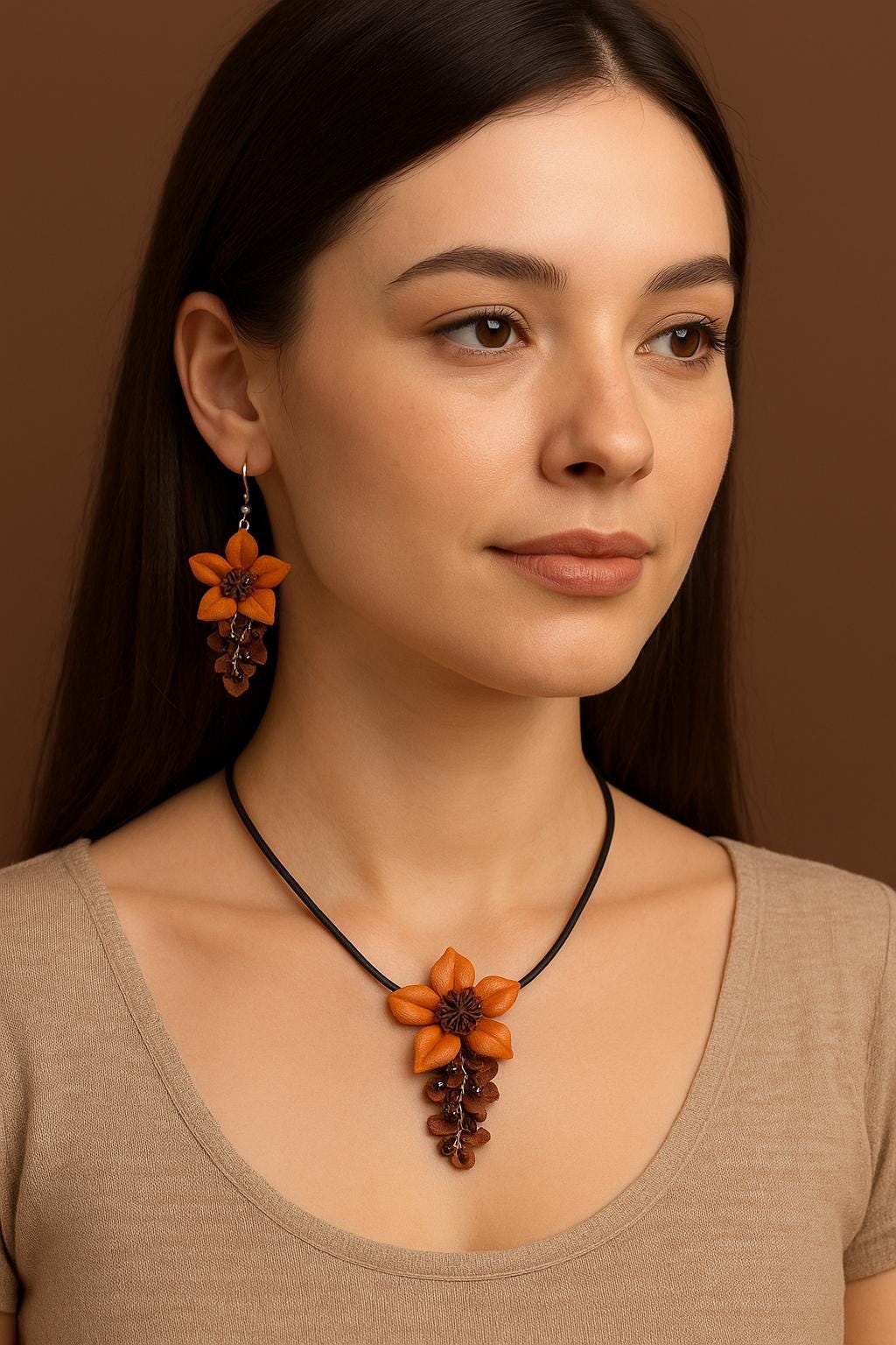 Genuine Handmade Leather Flower Necklace with  Earrings Set Jewelry Set Necklace  Earrings orange harvest Halloween jewelry