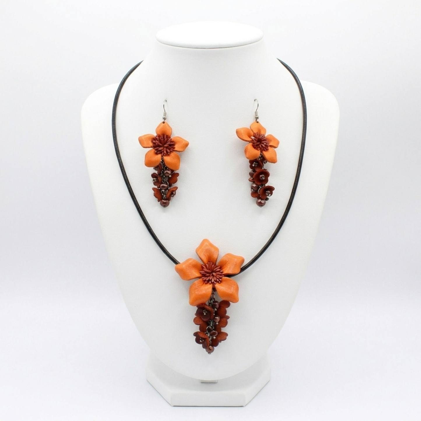 Handmade Orange Leather Flower Necklace and Earring Set - Harvest Floral Jewelry - Genuine Cowhide Accessory.