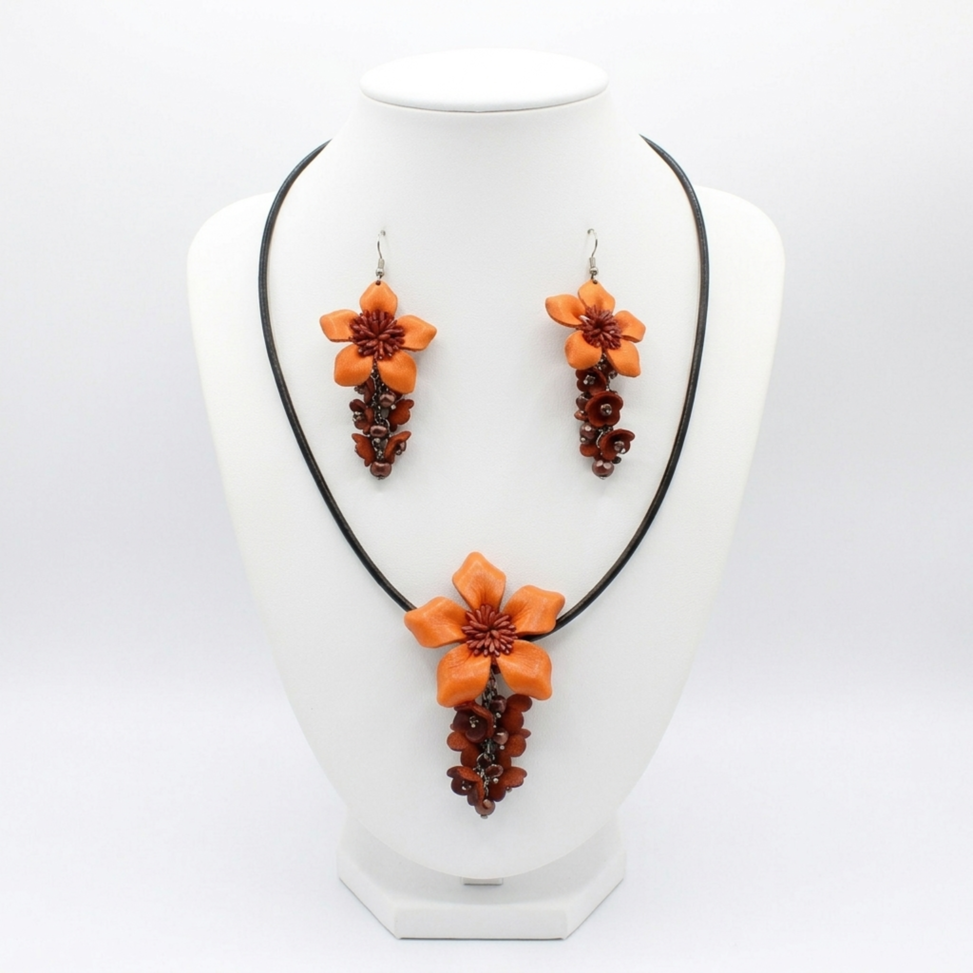 Handmade Orange Leather Flower Necklace and Earring Set - Harvest Floral Jewelry - Genuine Cowhide Accessory.