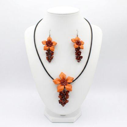 Handmade Orange Leather Flower Necklace and Earring Set - Harvest Floral Jewelry - Genuine Cowhide Accessory.
