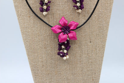 Genuine Handmade Leather Flower Necklace with  Earrings Set Jewelry Set Necklace  Earrings pink