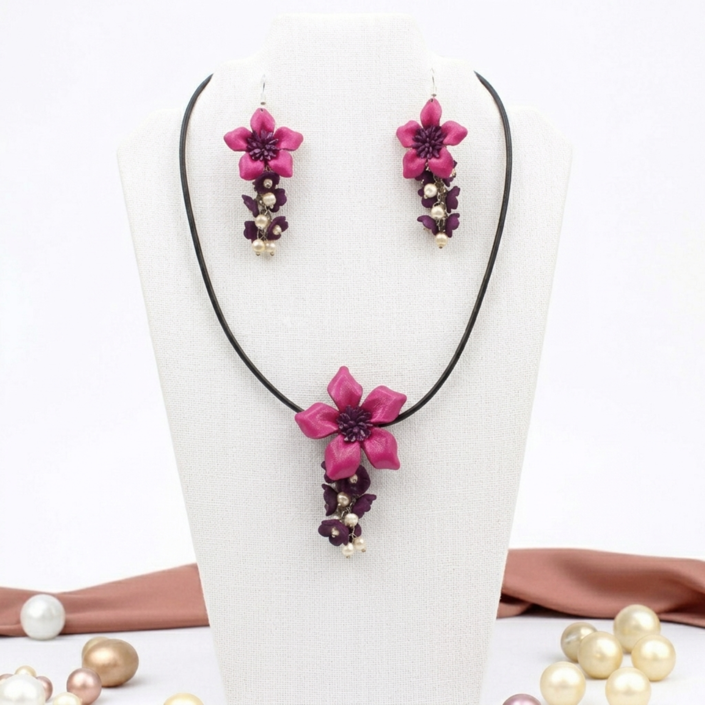 Handmade Pink Leather Flower Necklace and Earring Set - Floral Jewelry - Genuine Cowhide Accessory.