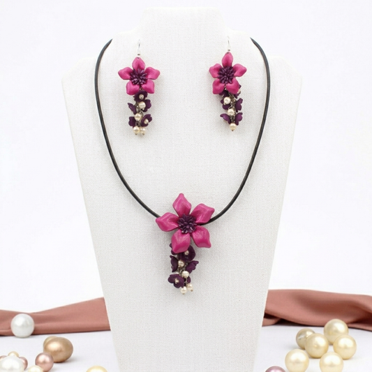 Handmade Pink Leather Flower Necklace and Earring Set - Floral Jewelry - Genuine Cowhide Accessory.