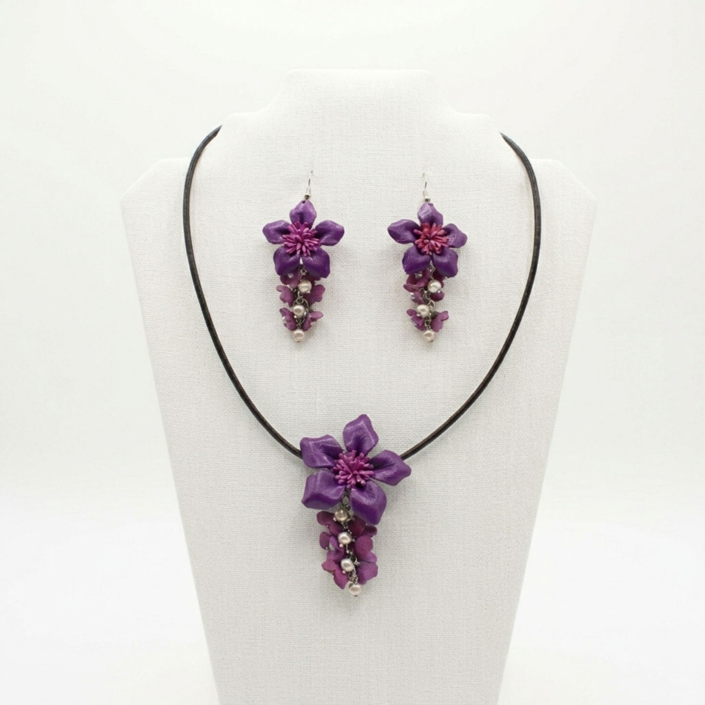 Handmade Purple Leather Flower Necklace and Earring Set - Floral Jewelry - Genuine Cowhide Accessory.