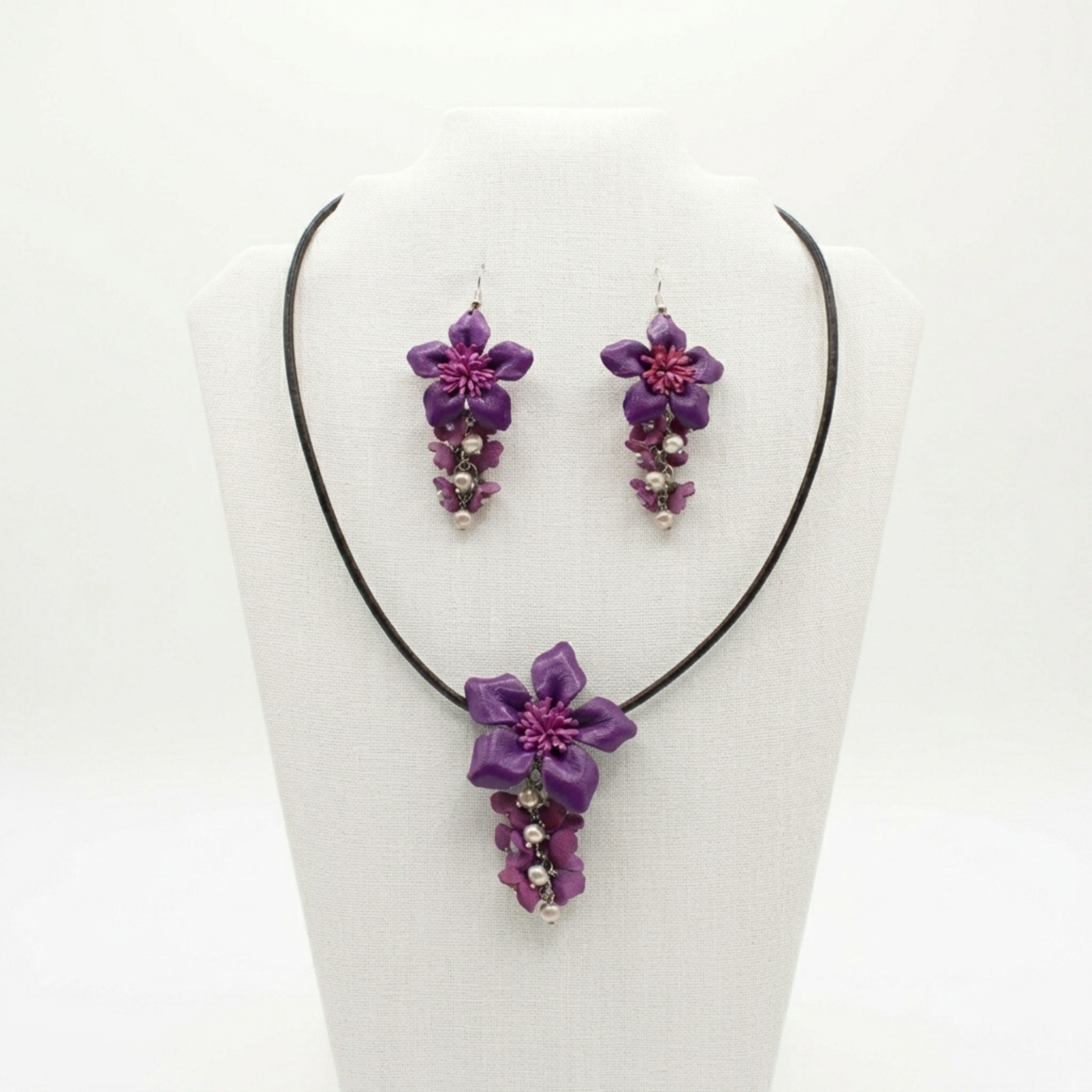 Handmade Purple Leather Flower Necklace and Earring Set - Floral Jewelry - Genuine Cowhide Accessory.