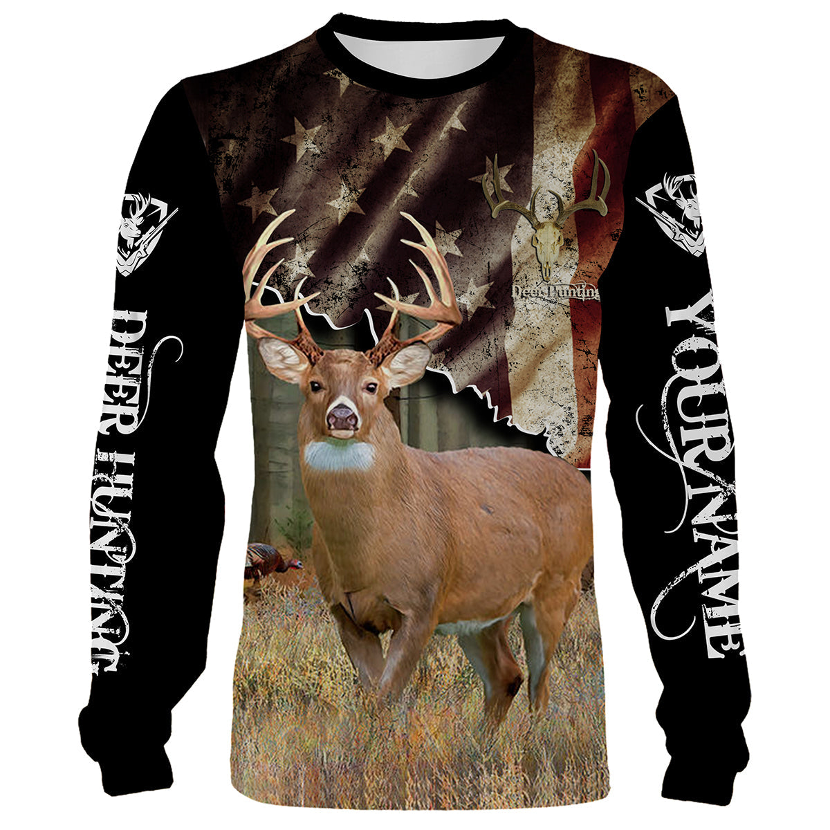 White-Tailed Deer American Flag Hunting Customize Name 3D Shirts