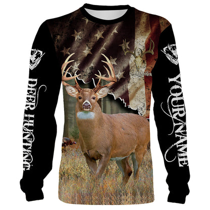 White-Tailed Deer American Flag Hunting Customize Name 3D Shirts