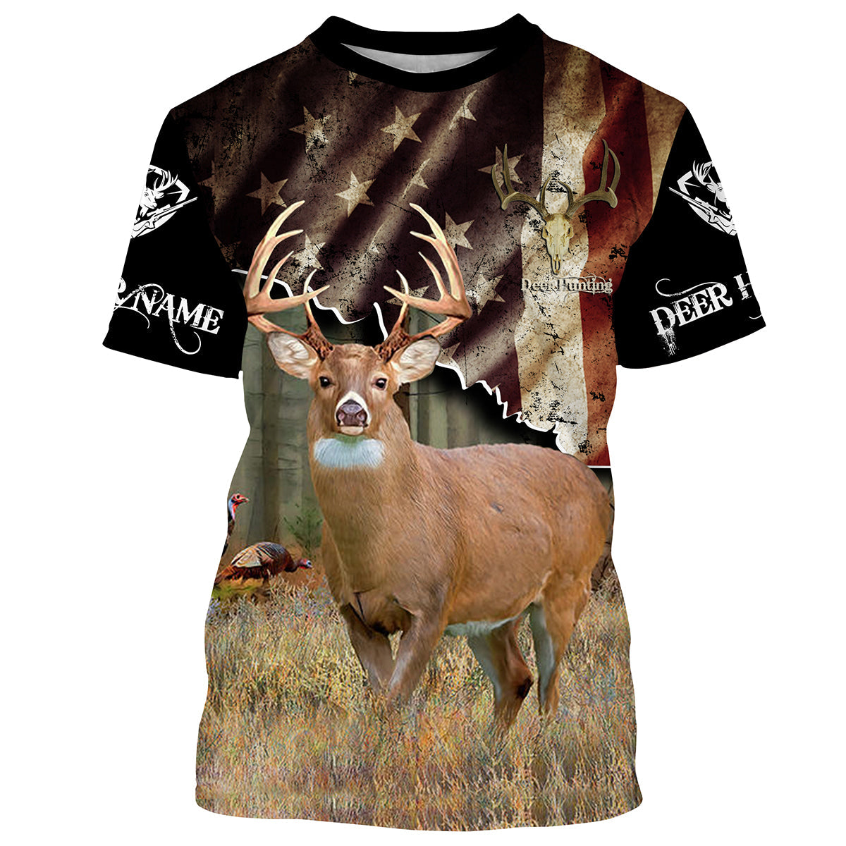 White-Tailed Deer American Flag Hunting Customize Name 3D Shirts