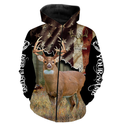 White-Tailed Deer American Flag Hunting Customize Name 3D Shirts