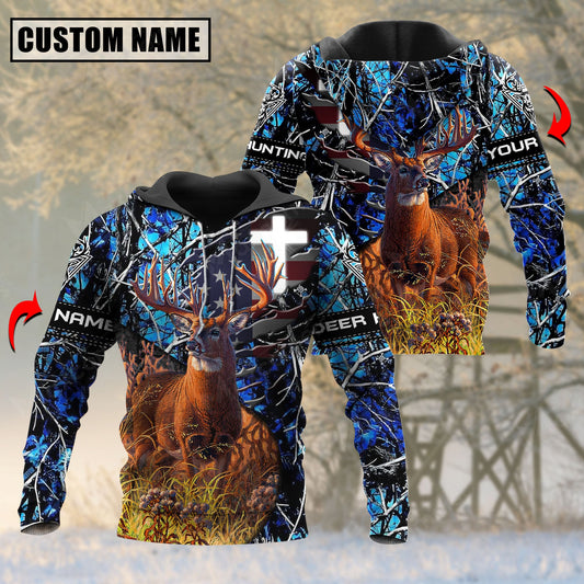 Blue Wilderness Deer Hunting Personalized Name 3D Hoodie