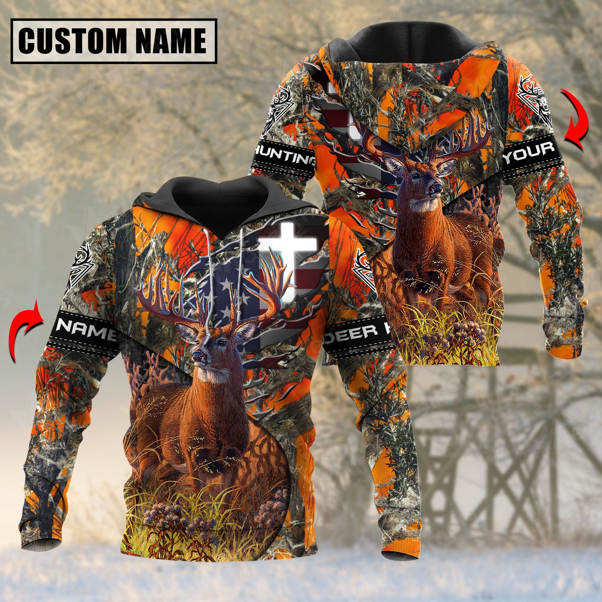 Orange Wilderness Deer Hunting Personalized Name 3D Hoodie