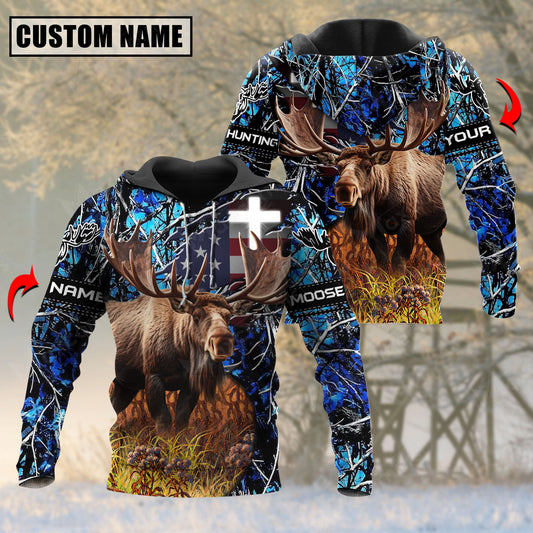 Blue Wilderness Moose Hunting Personalized Name 3D Hoodie