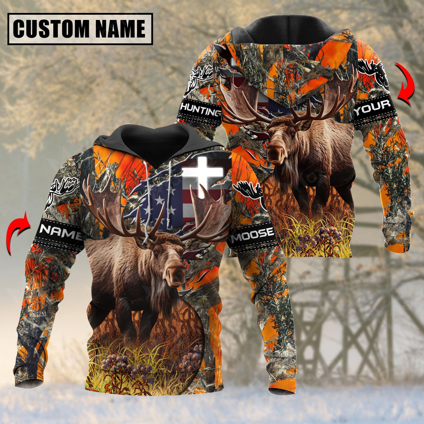 Orange Wilderness Moose Hunting Personalized Name 3D Hoodie