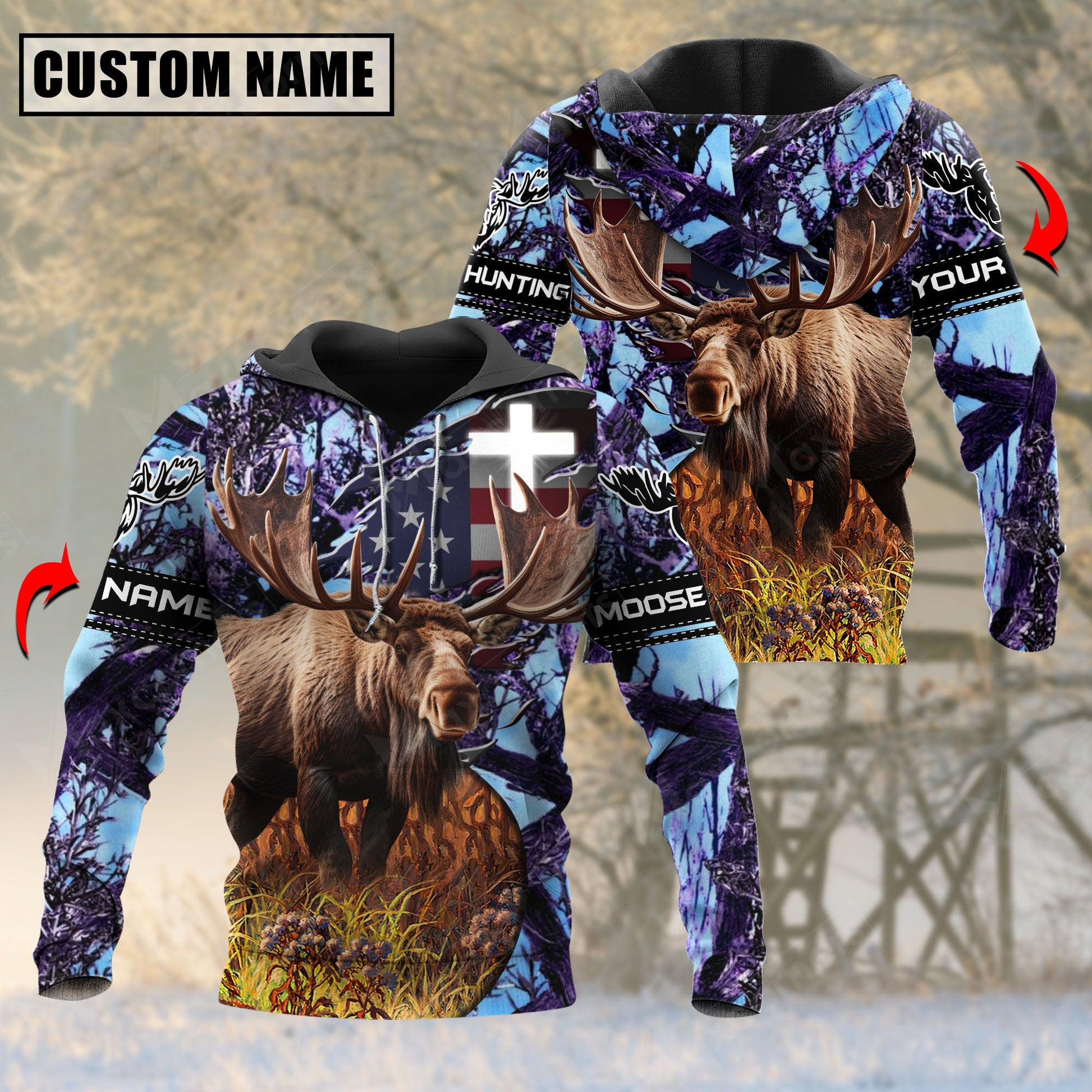 Purple Wilderness Moose Hunting Personalized Name 3D Hoodie