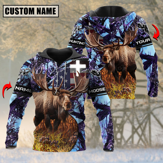 Purple Wilderness Moose Hunting Personalized Name 3D Hoodie