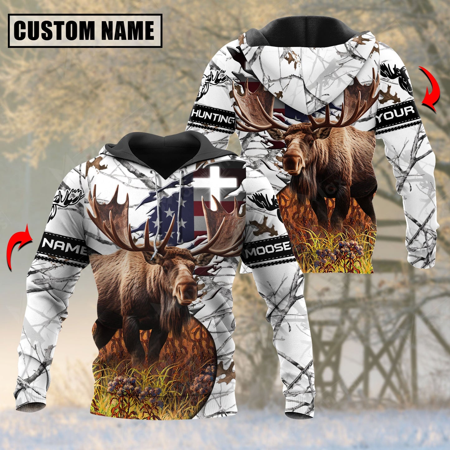 White Wilderness Moose Hunting Personalized Name 3D Hoodie