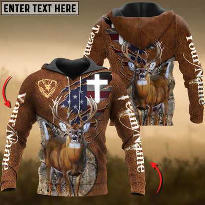 Deer Hunting USA Flag Wild Personalized Name, Team Name 3D Hoodie