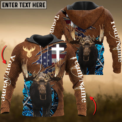 Moose Hunting USA Flag Wild Personalized Name, Team Name 3D Hoodie