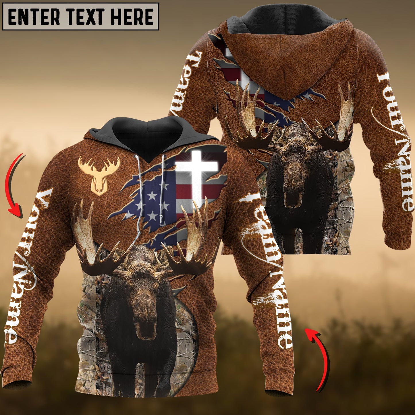 Moose Hunting USA Flag Wild Personalized Name, Team Name 3D Hoodie