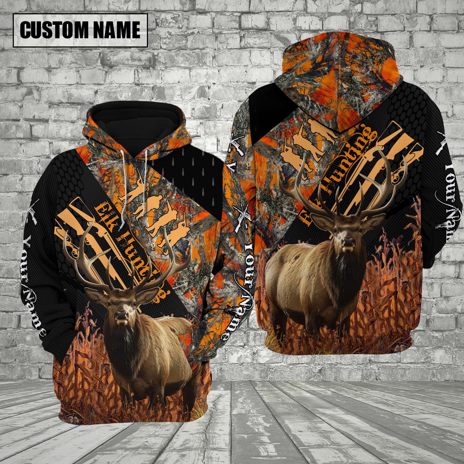 Elk Hunting Orange Camo Custom Name Shirt 3D All Over Printed Clothes