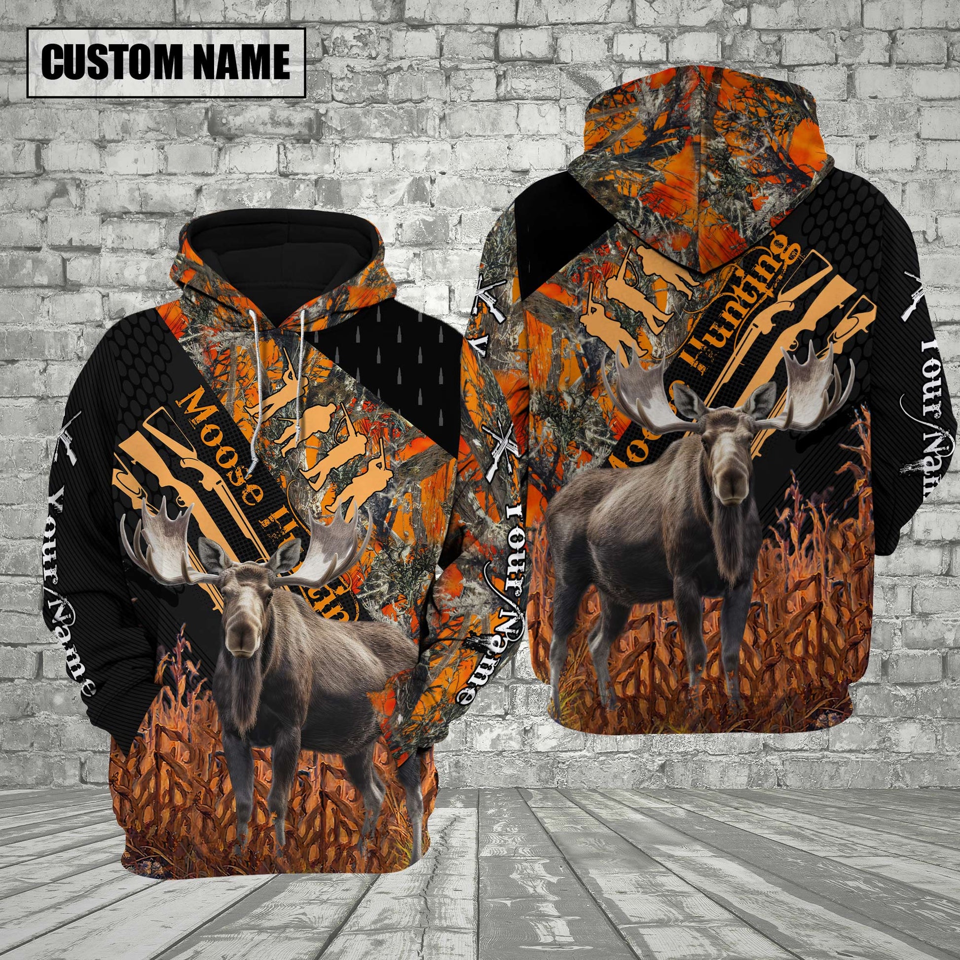 Moose Hunting Orange Camo Custom Name Shirt 3D All Over Printed Clothes