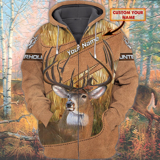 Custom Name Hunting Deer Leather Pattern Style Shirt 3D All Over Printed Clothes