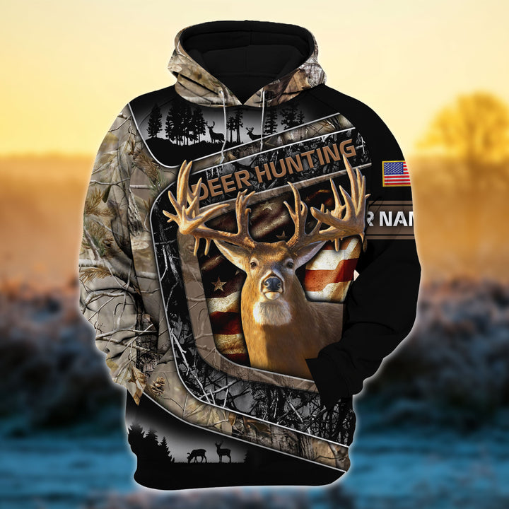 Custom Name US Flag Premium Deer Hunting 3D All Over Printed Clothes