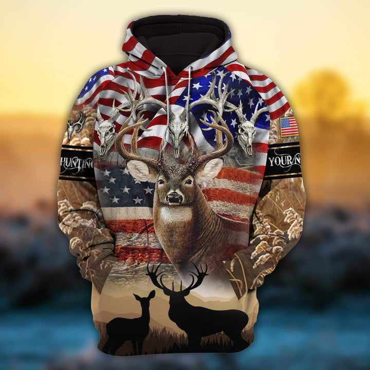 Custom Name US Flag Deer Hunting 3D All Over Printed Clothes